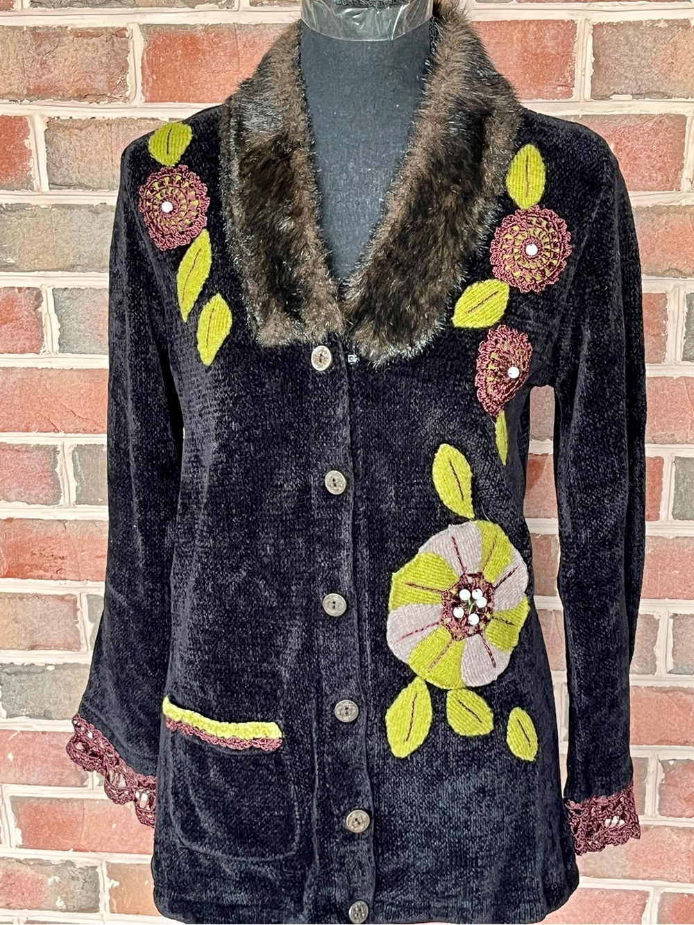 Vintage Storybook Knits Foliage Fancy Chenille Cardigan Sweater Jacket XS 90s